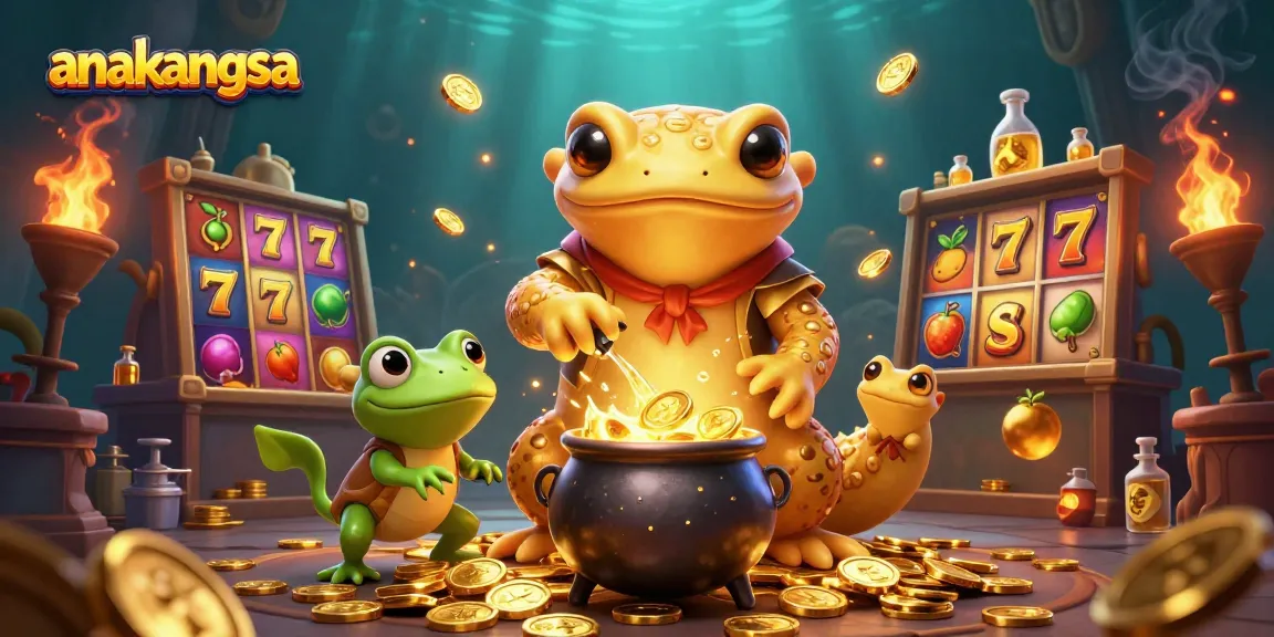 Engaging scene illustrating anakangsa's magical slot adventure with a golden salamander and frog amidst winning symbols.