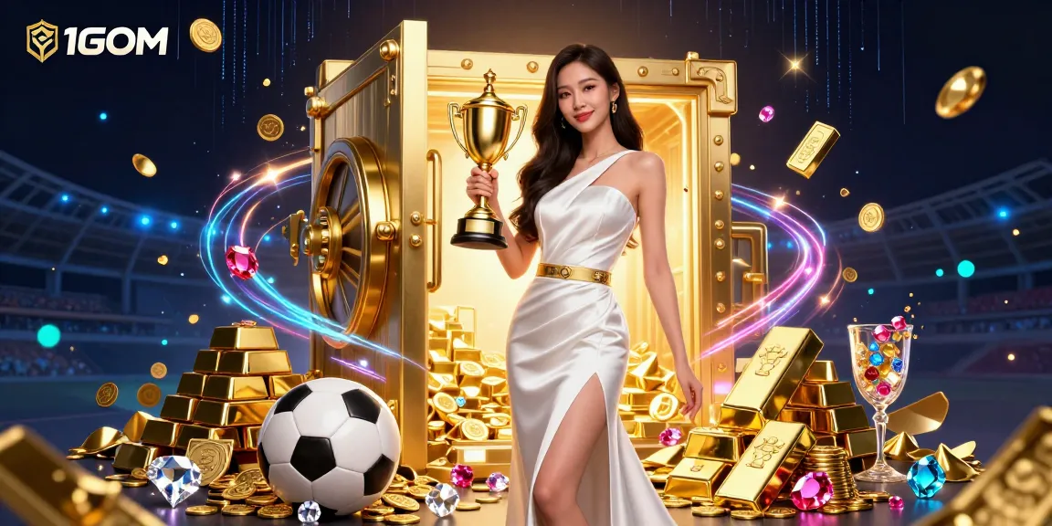 Bet on games with 1GOM, a stunning Asian woman holding the trophy cup amidst sports betting elements.
