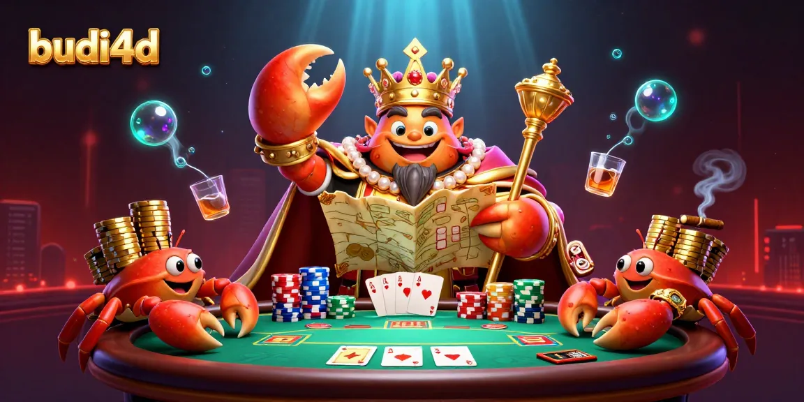 Experience the vibrant gambling world of budi4d as our golden crab emperor rules over a poker scene filled with excitement.