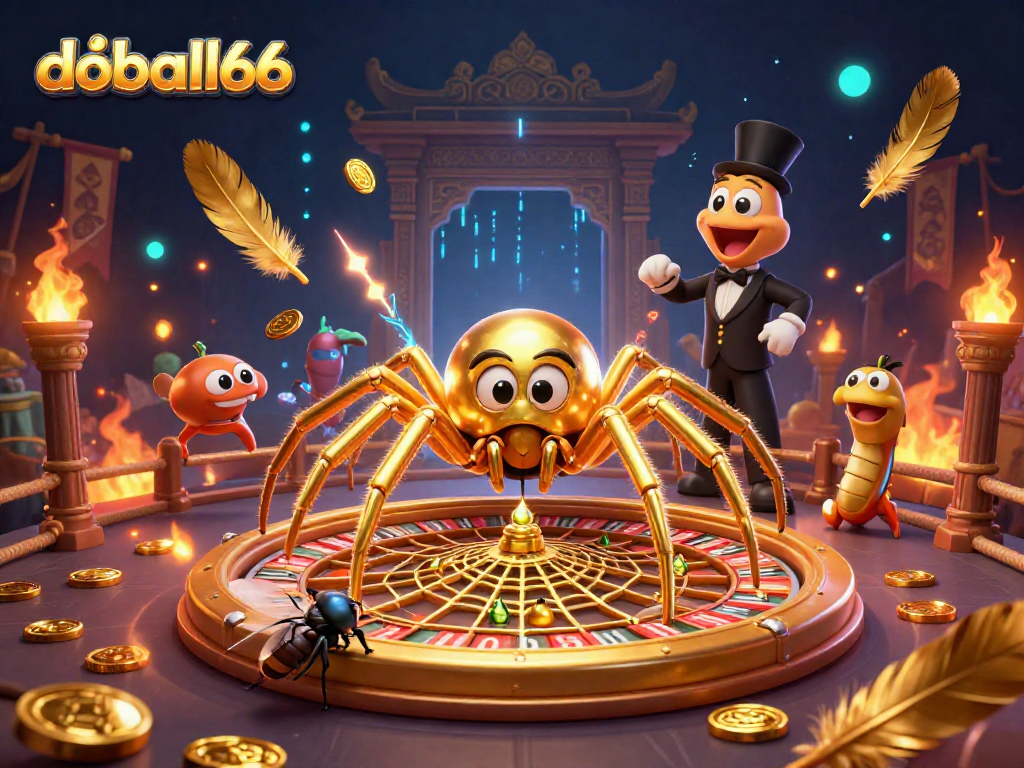 Experience thrilling bets at doball66 with a golden spider and roulette web in this dynamic 3D scene.