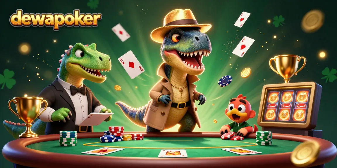 Dewapoker invites gamblers with dynamic poker scene featuring clever velociraptor amidst vibrant casino chaos.
