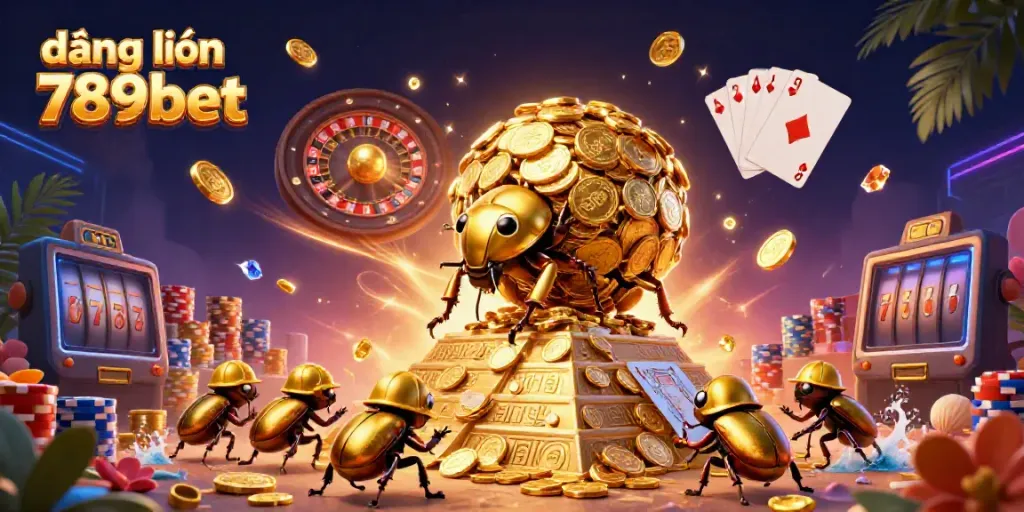 Experience thrilling moments as you log in to 789bet, featuring a dynamic scene with golden coins, beetles, and casino elements.