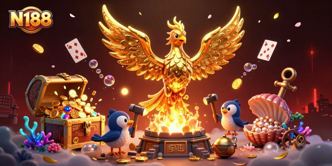 Engage with N188 in this vibrant 3D scene featuring a phoenix and gold treasures in an online casino.