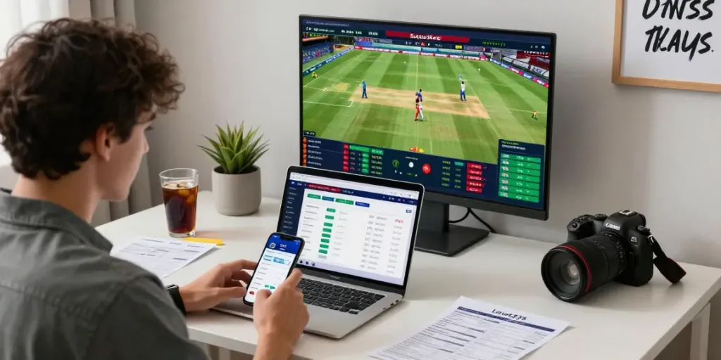 Engaging scene of sports betting on lotus365 with users checking live cricket, football, and tennis odds.