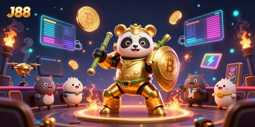 Experience thrilling moments at J88 casino with a golden panda battling in 3D excitement.