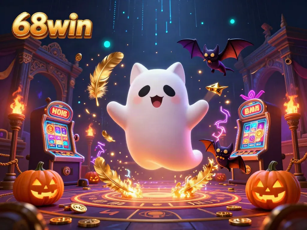 Experience the thrill of 68win casino with an animated scene featuring ghostly characters and iconic gaming symbols.