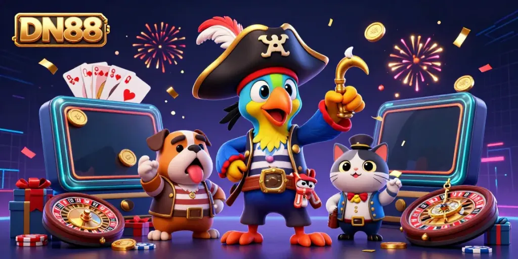 Experience the excitement of DN88 with a pirate captain, bulldog, and cat amidst vibrant casino elements.