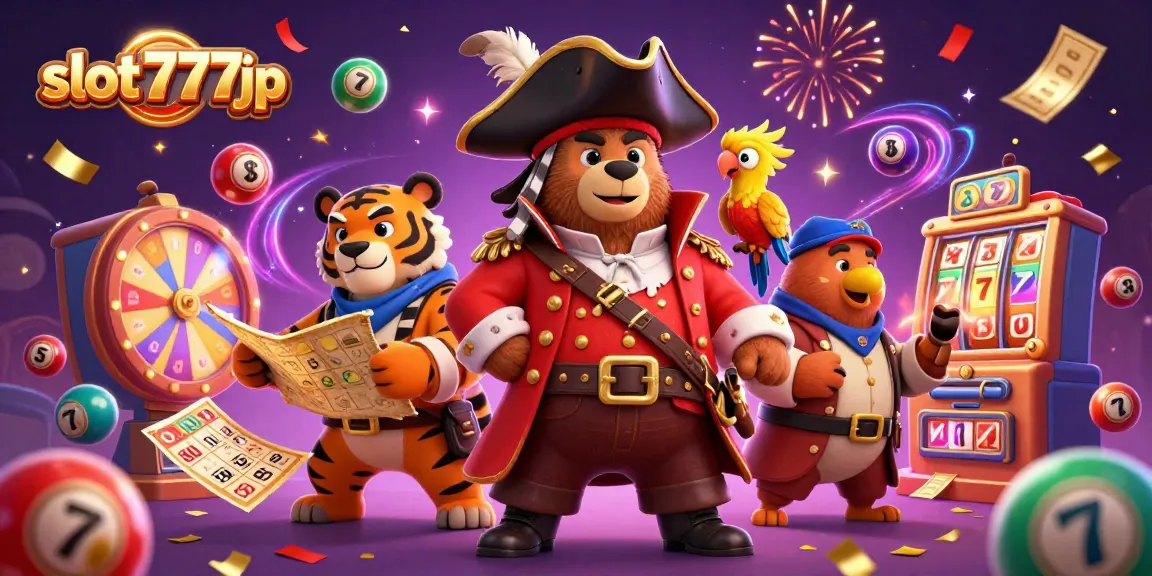 Experience exciting wins at slot777jp with a vibrant 3D scene featuring dynamic gambling elements.