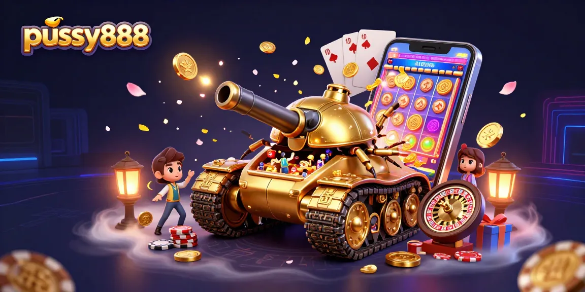 Pussy888 players enjoy a vibrant slot game experience with colorful win animations and festive decorations.