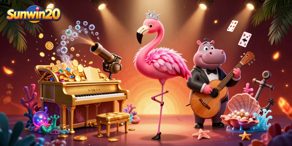 Join the excitement with sunwin20 at a vibrant casino scene featuring dynamic characters and sparkling treasures.