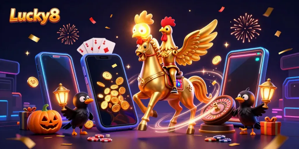 Experience the fun with Lucky8 as a golden rooster triumphantly displays its glowing head amidst exciting casino elements.
