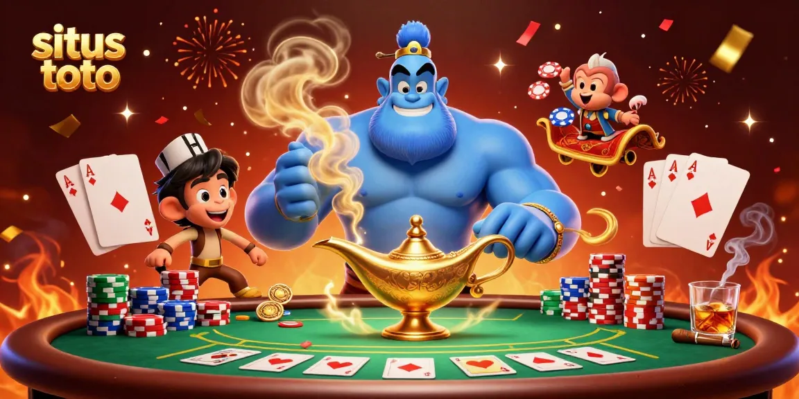 Experience excitement with situs toto playing casino games, surrounded by vibrant poker elements.