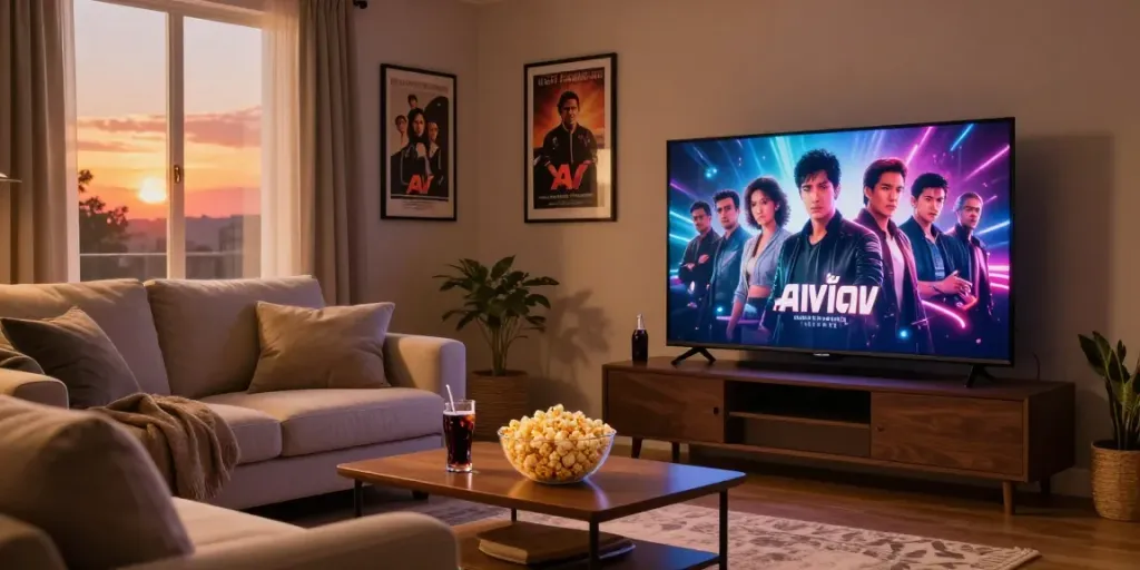 บรรยากาศการดูหนังเอวีซับไทย.live ในห้องนั่งเล่น Cozy กับทีวีจอแบนและป๊อปคอร์น