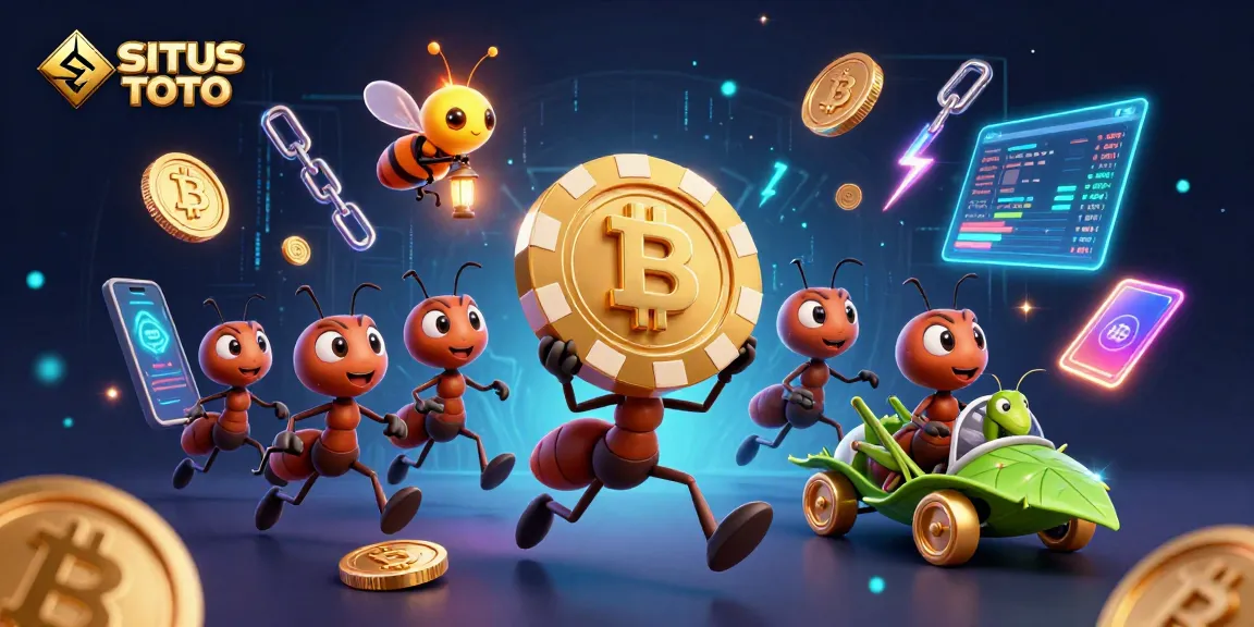 Tim semut dari SITUS TOTO mencuri chip poker emas di terowongan, menghibur pemain slot online.
