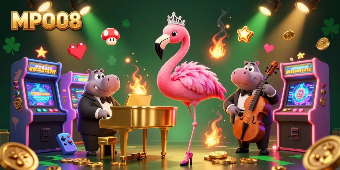 Join the excitement at MPO08 with a vibrant cartoon casino scene featuring a flamingo singer and hippo bassist.