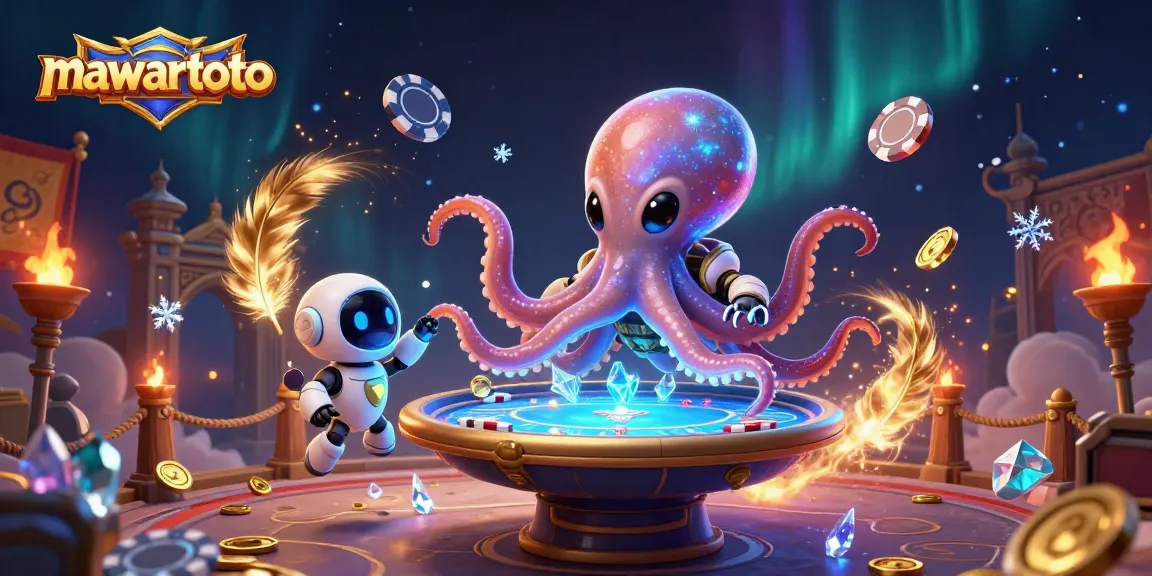 Mawartoto's vibrant gaming exploration with a cartoon alien octopus at a holographic poker table.