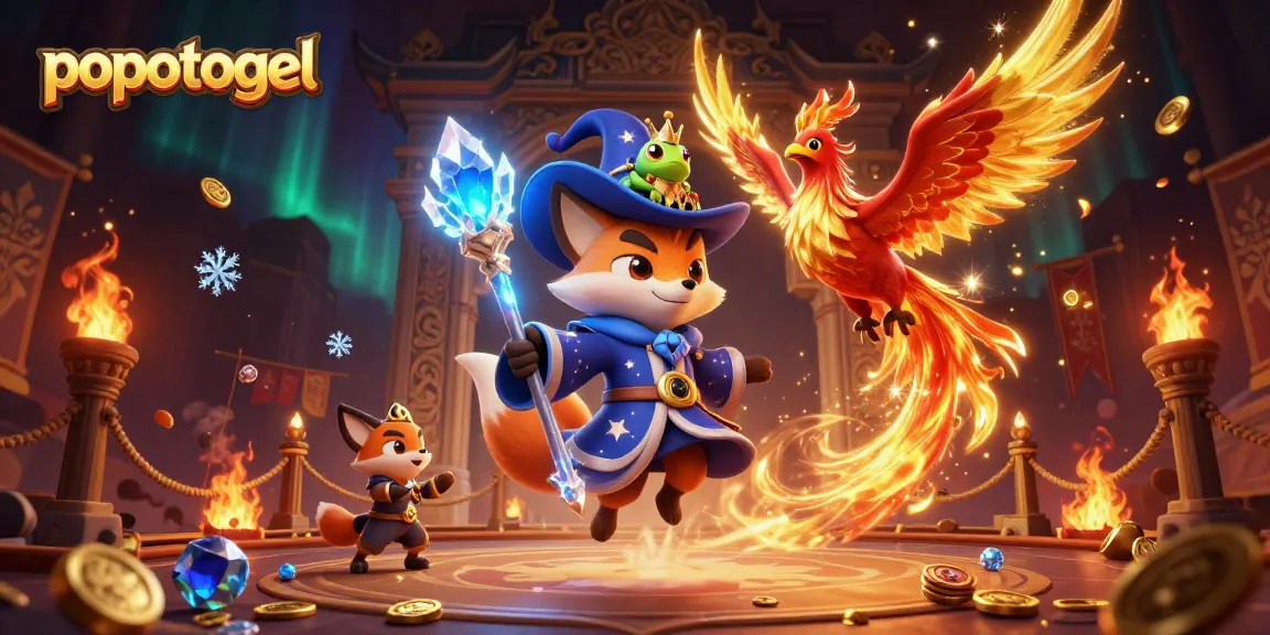 Experience the magic of popotogel with a mystical wizard fox and phoenix amidst a vibrant gambling scene.