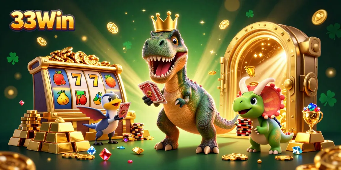 33Win showcases a fun casino scene with a T-Rex and friends playing cards and stacking chips.