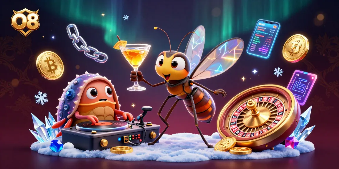 Engage with O8's thrilling casino experience through an illustrated scene of a frozen mosquito mascot, trilobite DJ, and golden roulette wheel.