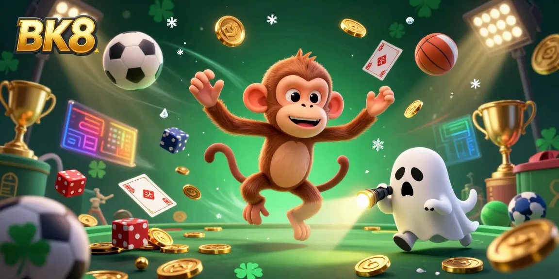 Experience thrilling action at BK8 with a playful ghost monkey juggling coins and sports elements in a haunted casino.