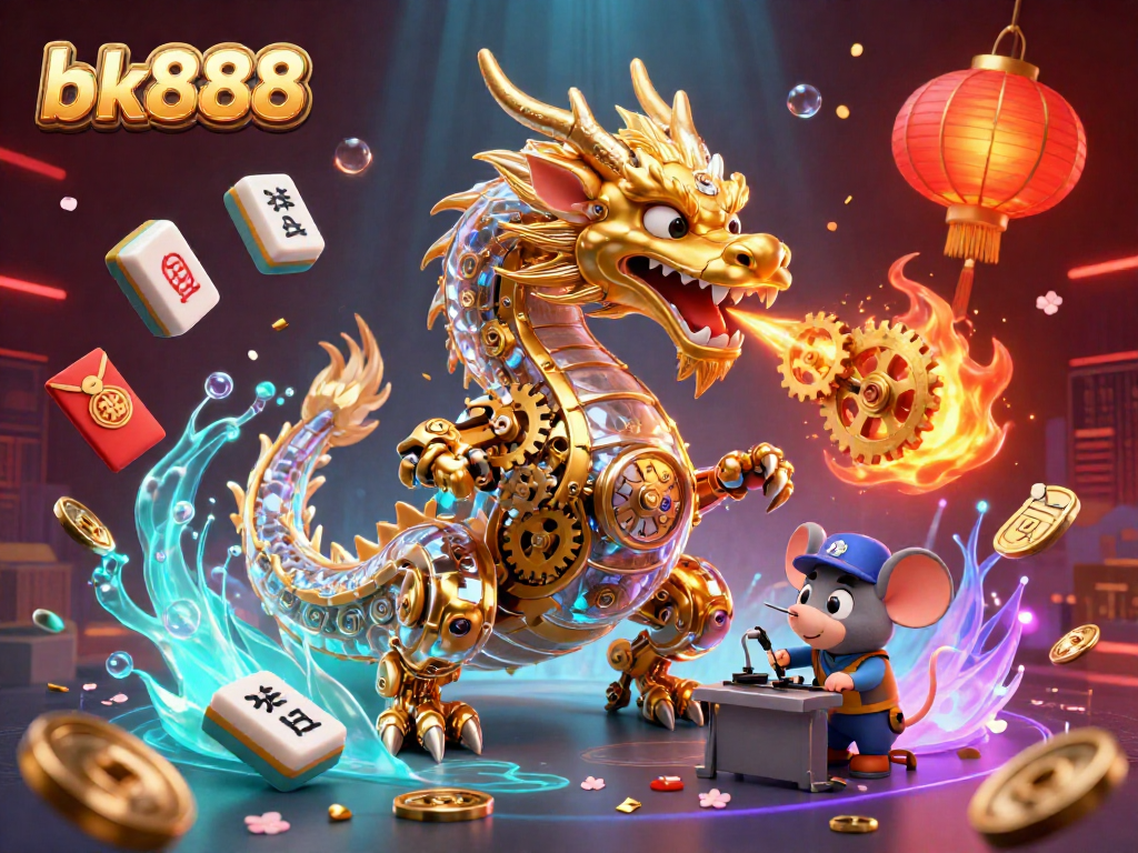 Engage with the magical world of bk888 featuring a majestic golden dragon in a richly detailed 3D casino scene.