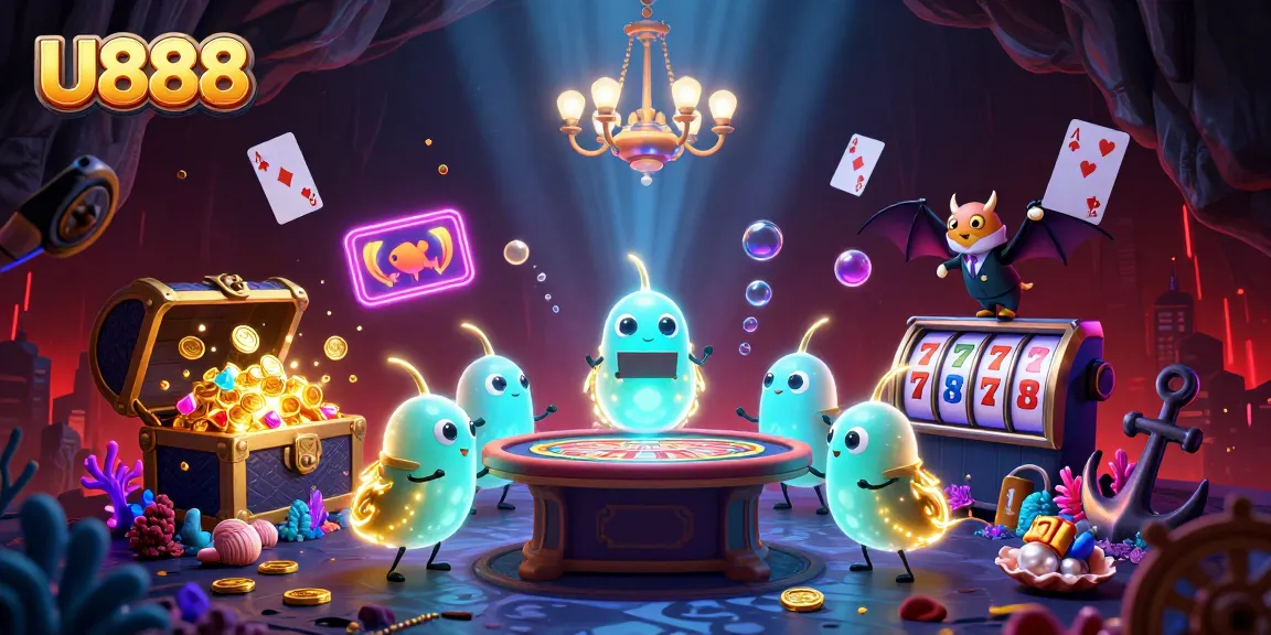 U888 casino glowworms create a vibrant gambling scene, showcasing slots and treasure elements.