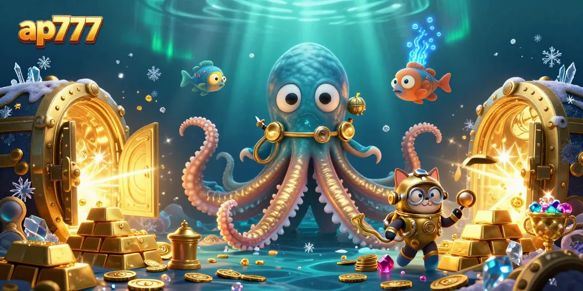 Experience excitement at ap777 with a colossal kraken, diving cat, and treasure in this casino-themed illustration.
