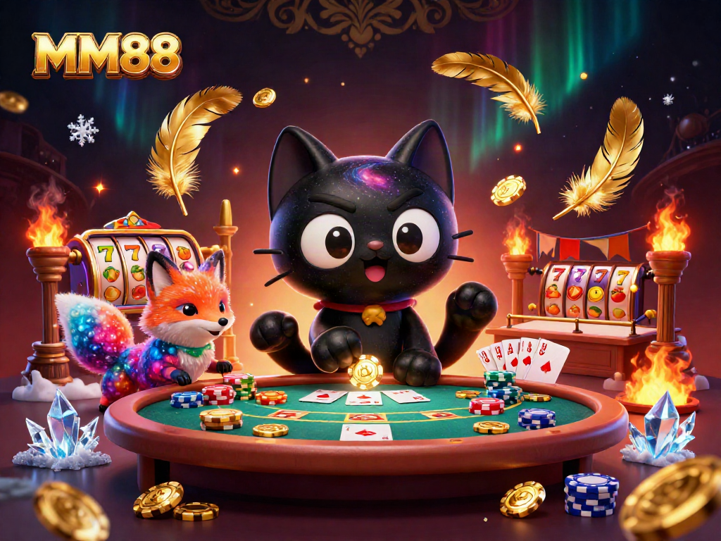 Engage in thrilling casino action with MM88's dynamic cosmic illustration, featuring a captivating black hole cat.