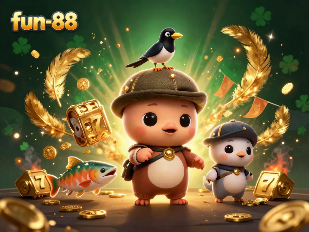 Engage with fun-88's vibrant casino adventure featuring Nessie and friends among slot reels and gold tokens.