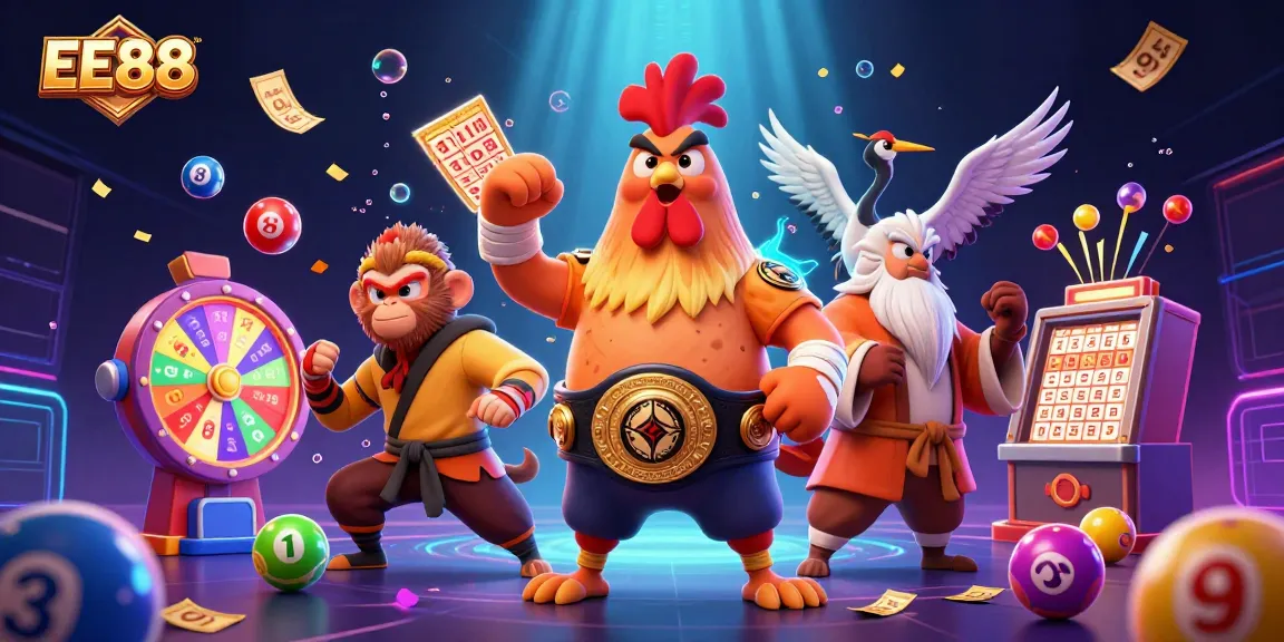 Experience excitement at EE88 with vibrant lottery and game elements surrounding engaging 3D characters.