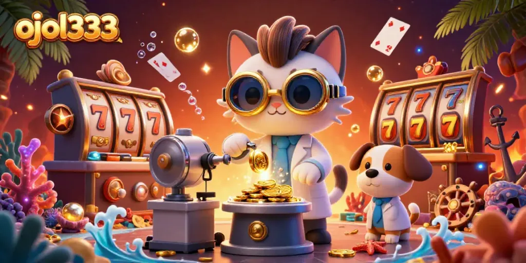 Experience the thrill of ojol333 through this vibrant 3D illustration of a mad scientist cat and assistant creating a gold-coin machine.