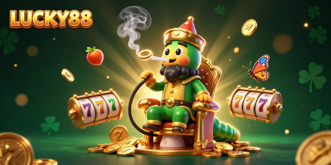 Experience LUCKY88's excitement with a vibrant scene featuring slot reels and golden coins.