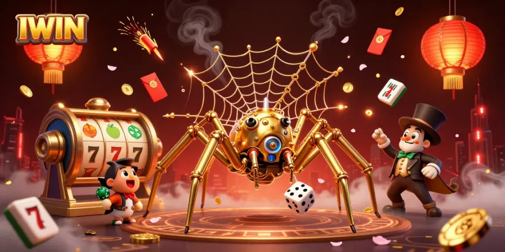 IWIN showcases a vibrant steampunk golden spider and a Victorian fly gentleman amidst dynamic casino elements.