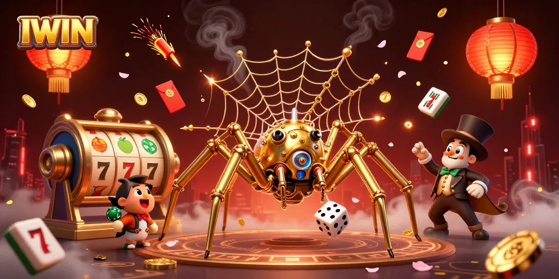 IWIN showcases a vibrant steampunk golden spider and a Victorian fly gentleman amidst dynamic casino elements.