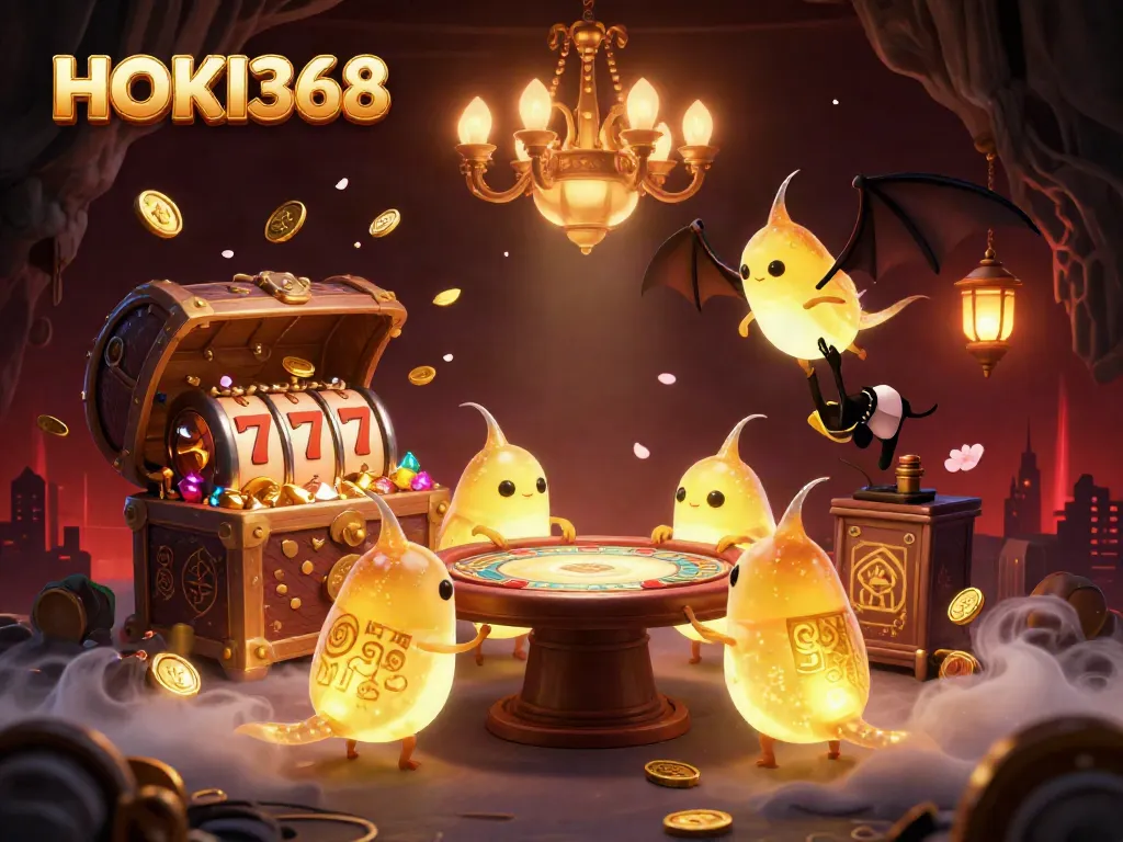 Experience the thrilling world of HOKI368 with glowworms lighting up a vibrant casino scene.