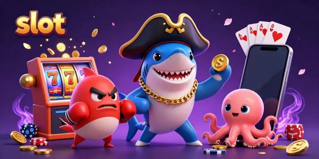 Experience thrilling slot adventures with a cartoon shark, pufferfish, and octopus surrounded by gaming elements.