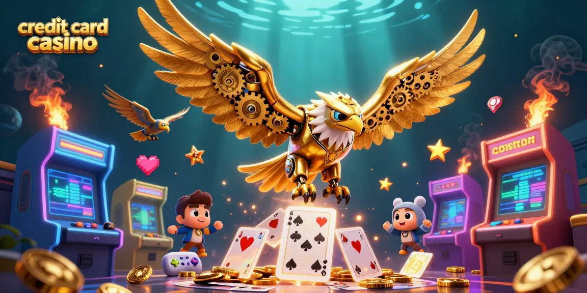 Experience thrilling action at a credit card casino with cybernetic eagle soaring in a vibrant gaming scene.