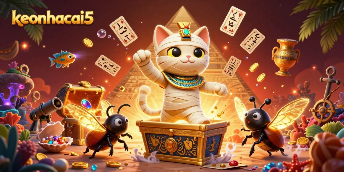 Experience keonhacai5 with a lively casino scene featuring a mummy cat, scarab beetle, and playing cards.