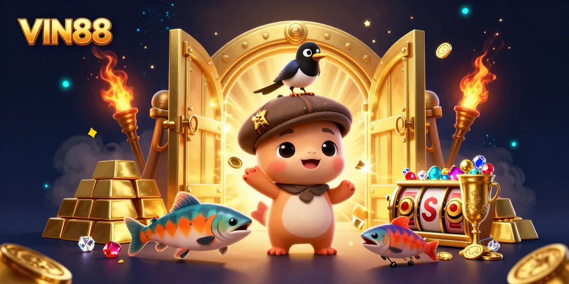 Spin the slots at VIN88 with cartoon Nessie and treasure elements in a vibrant casino scene.
