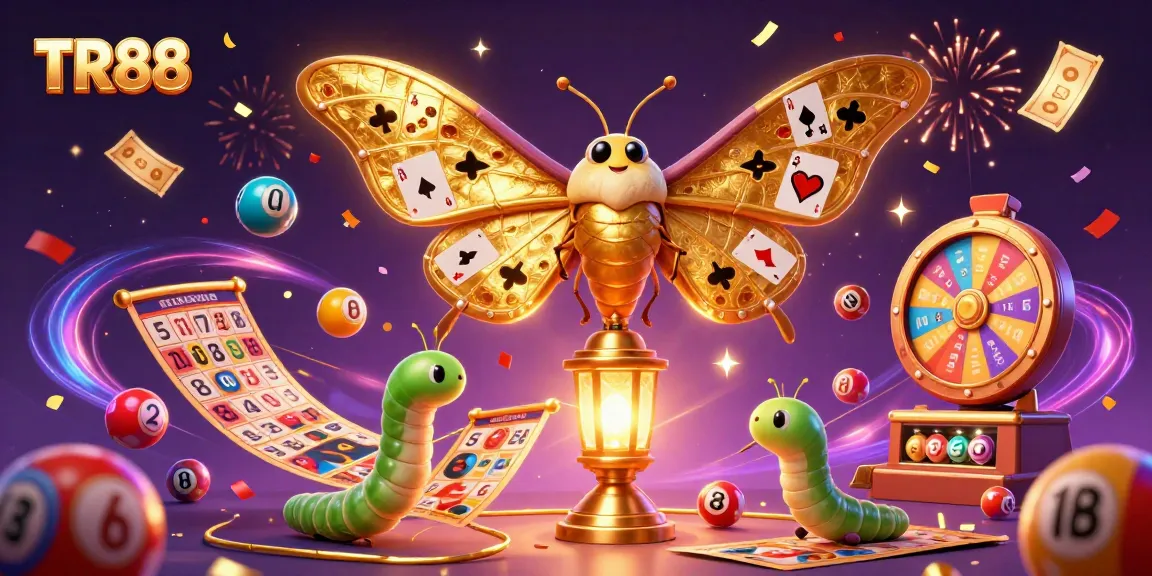 Engage with TR88's vibrant casino scene featuring golden wings and dynamic lottery elements.