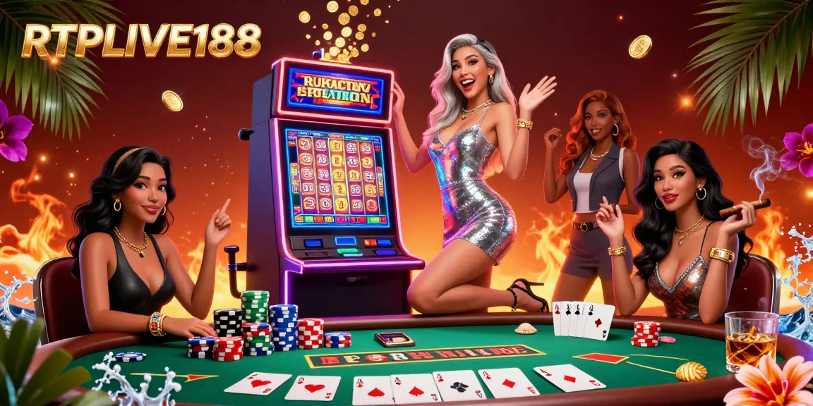Saksikan RTPLIVE188 bersiap untuk perayaan jackpot dengan suasana kasino yang menggetarkan yang dipenuhi dengan mesin slot yang berwarna-warni dan elemen poker.