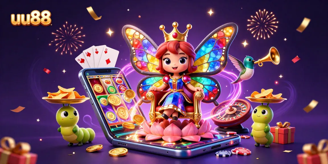 Experience the excitement of uu88 with a vibrant 3D casino illustration showcasing games, treasures, and whimsical characters.