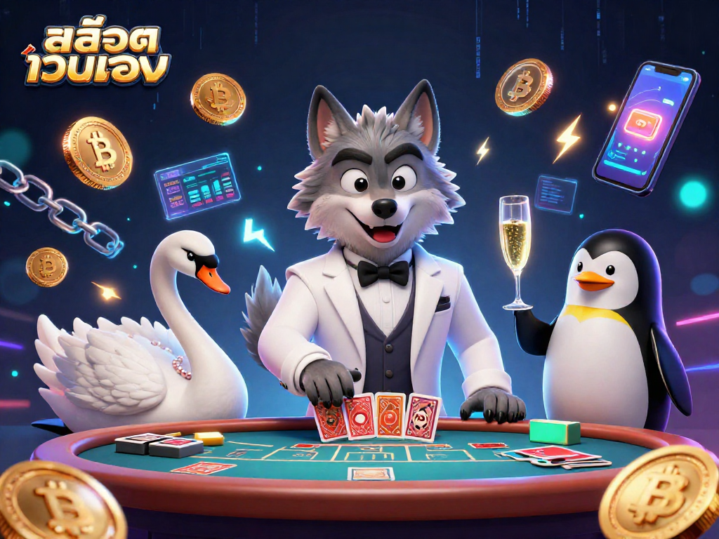 Experience สล็อตเว็บตรง online gaming with a cartoon wolf, elegant swan, and sophisticated penguin amidst vibrant casino elements.