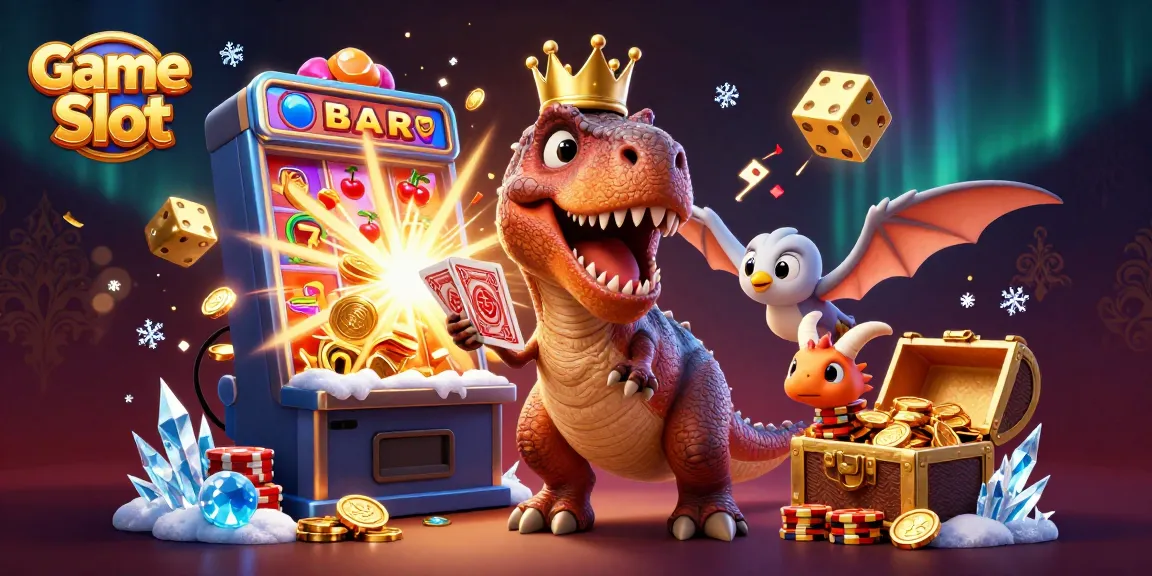 Experience thrilling Game Slot action with colorful dinosaurs and a vibrant jackpot scene.