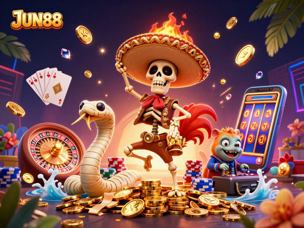Experience thrilling victories at JUN88 with vibrant casino characters and exciting gaming elements.