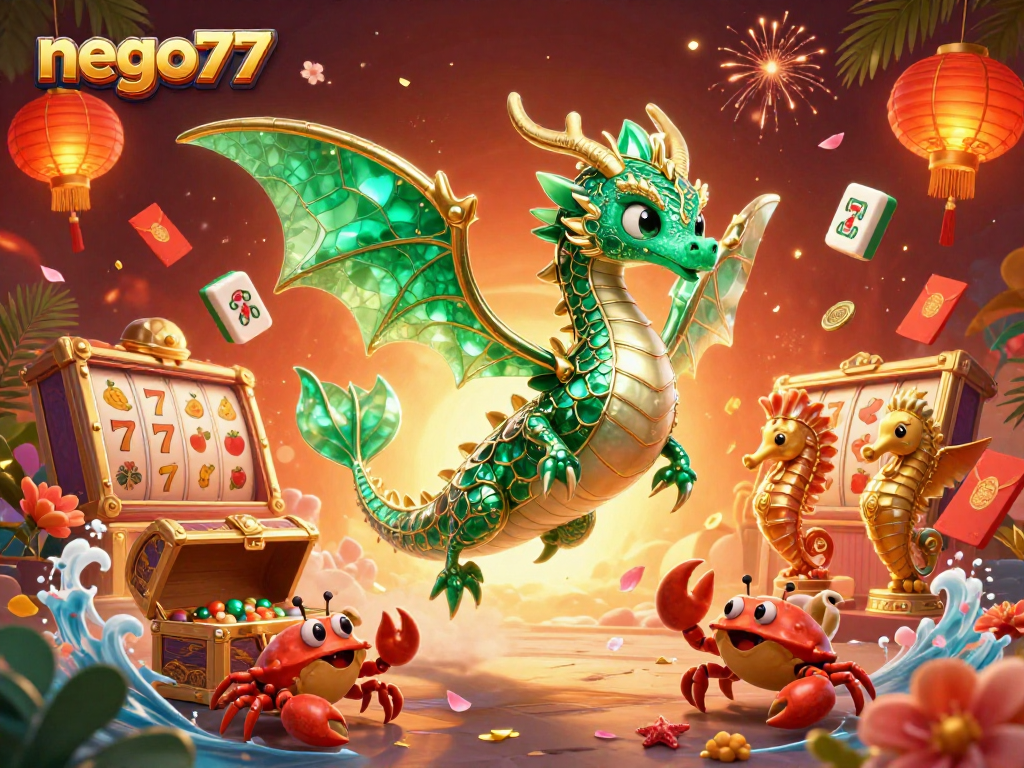 Experience the thrill of NEGO77's gaming world with vibrant dragons and floating slot reels.