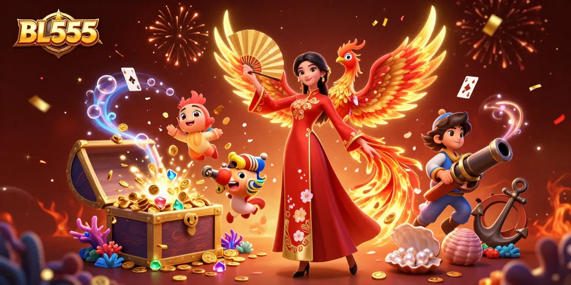 Experience excitement with BL555's vibrant casino atmosphere featuring a stunning woman and dynamic phoenix.