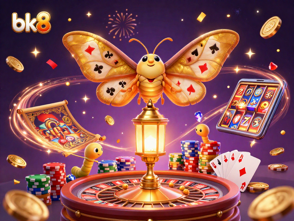 Experience thrilling gaming at bk8 with vibrant 3D casino art showcasing a majestic moth and dynamic gameplay elements.
