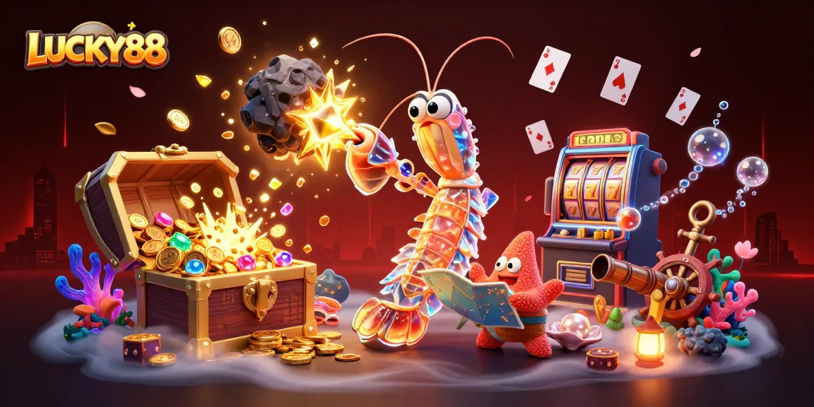LUCKY88 showcases a vibrant online casino scene with a galactic samurai and treasure amidst a wealth of gold and gems.