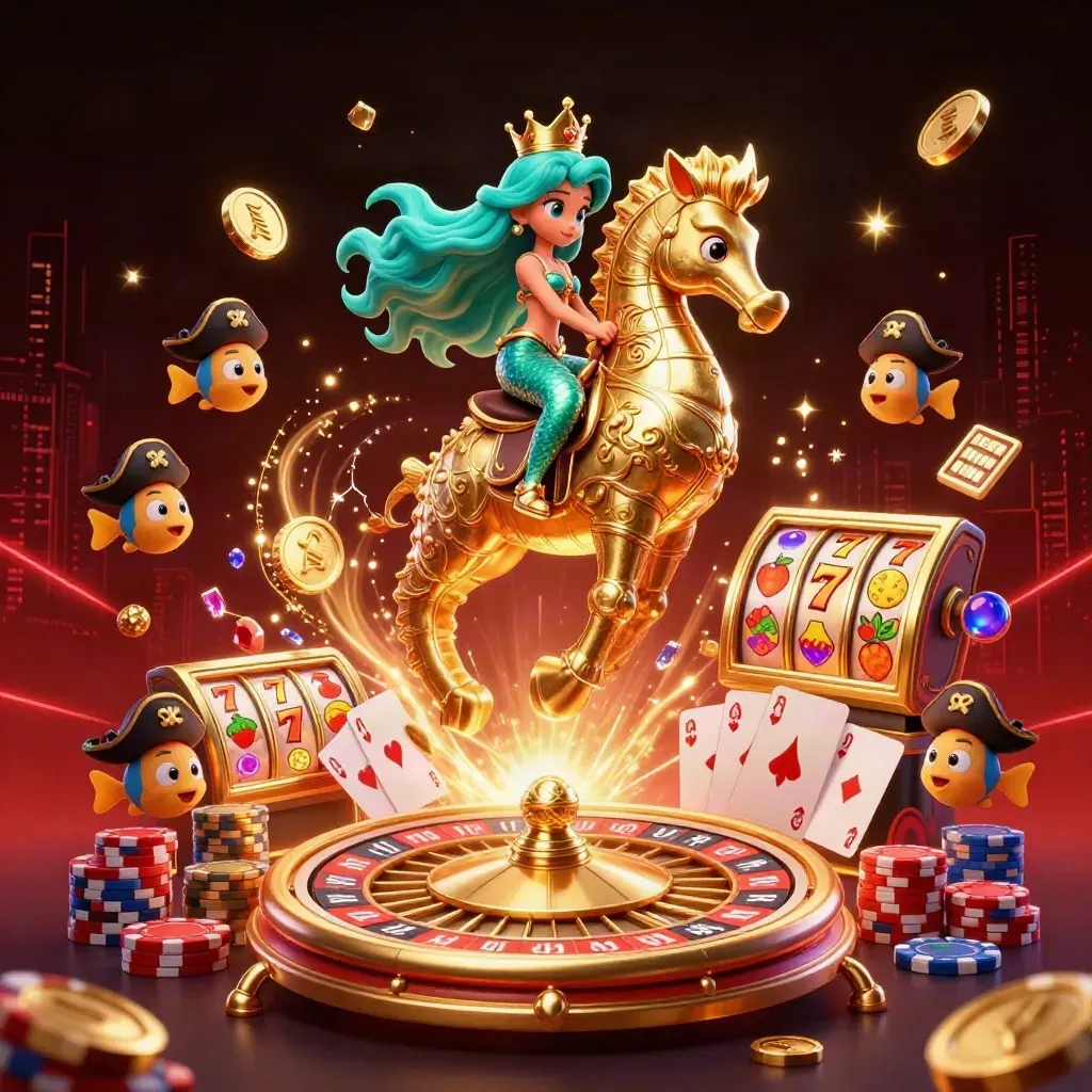 Mermaid princess on a seahorse amid casino coins, cards, chips, and glowing reels.